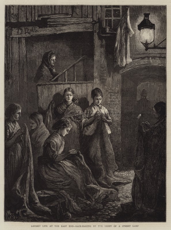 Londoni élet az East Enden, Zsákkészítés az utcai lámpa fényében (metszet) alkotó: William Bazett Murray