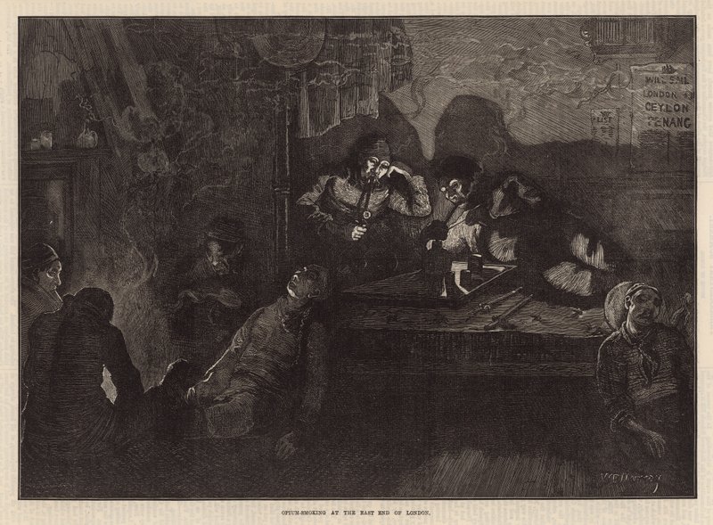 Ópiumfüstölés a londoni East Enden (metszet) alkotó: William Bazett Murray