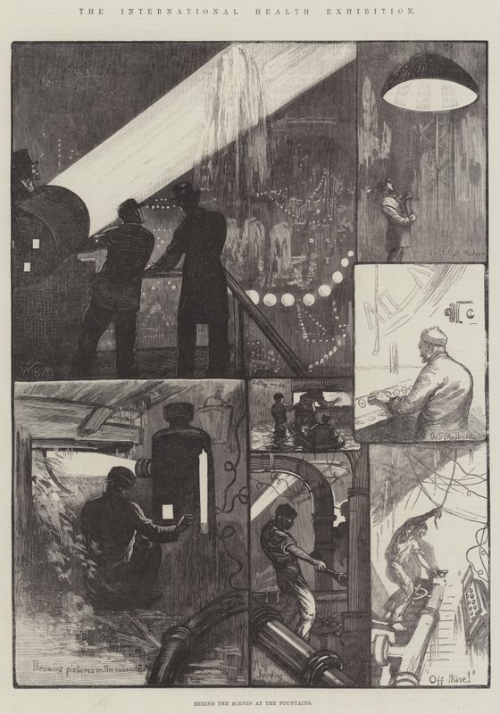 Nemzetközi Egészségügyi Kiállítás, a kulisszák mögött a szökőkutaknál alkotó: William Bazett Murray