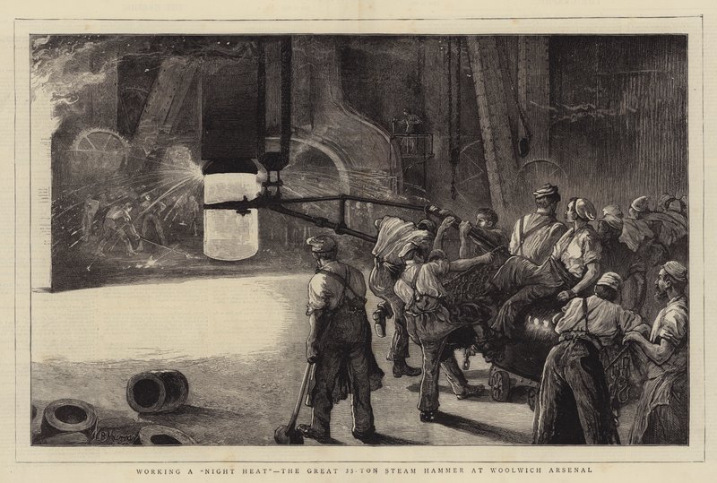 Éjszakai hőség, a nagy 35 tonnás gőzkalapács a Woolwich Arsenalban alkotó: William Bazett Murray
