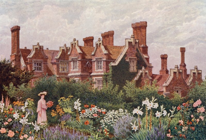 Hollingbourne Manor az Upeer-kertből (színes lithó) alkotó: William Biscombe Gardner