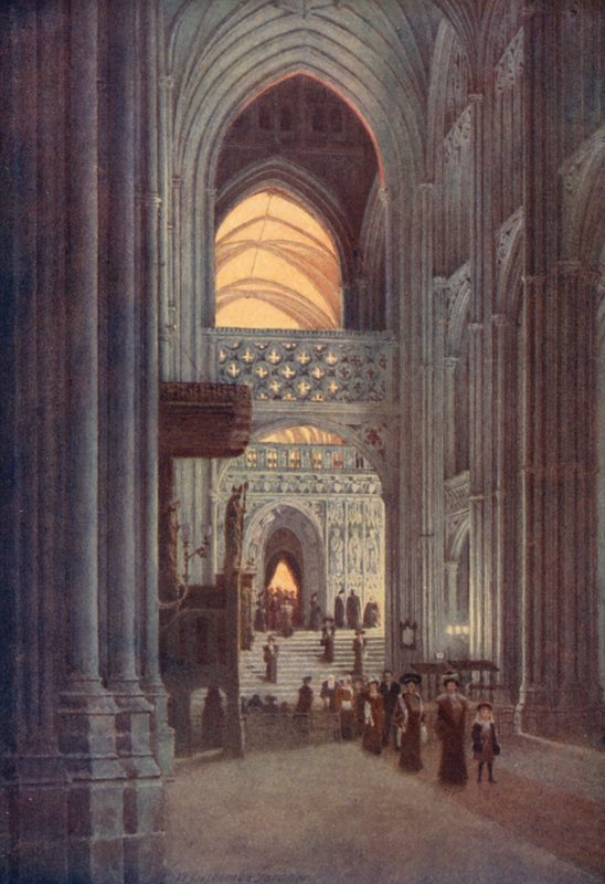 A canterburyi katedrális főhajójában az esti ének után (színes litográfia) alkotó: William Biscombe Gardner