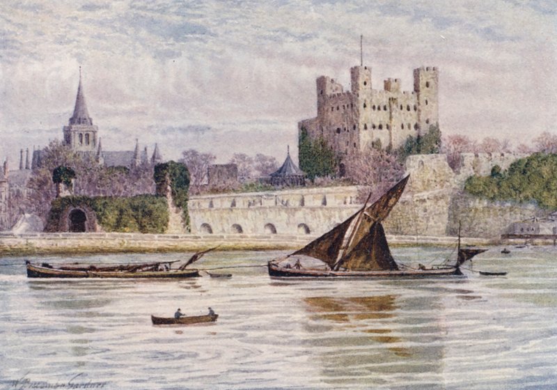 Rochester vára és katedrális a Medway túloldaláról (színes lithó) alkotó: William Biscombe Gardner
