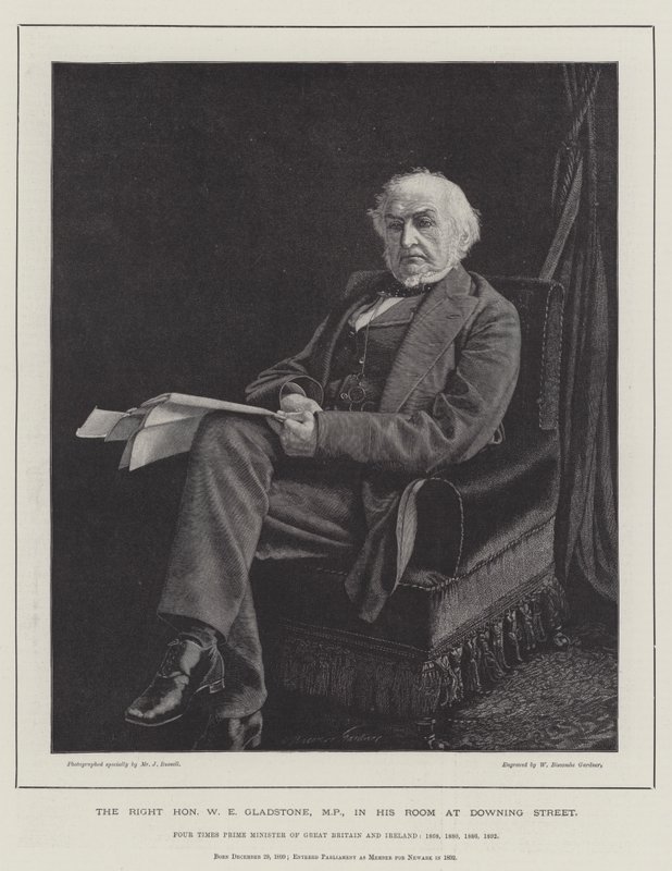 The Right Honorable W E Gladstone, parlamenti képviselő, a Downing Street-i szobájában alkotó: William Biscombe Gardner