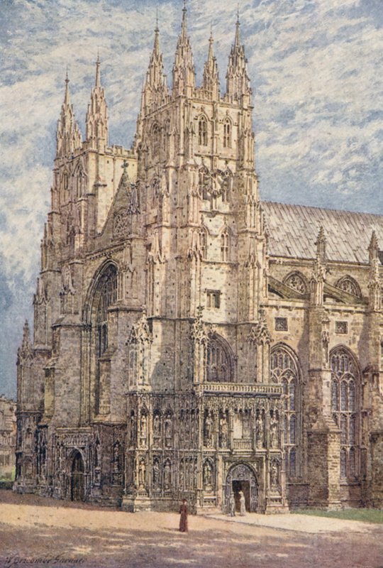 A canterburyi székesegyház nyugati tornyai és délnyugati bejárata (színes litográfia) alkotó: William Biscombe Gardner
