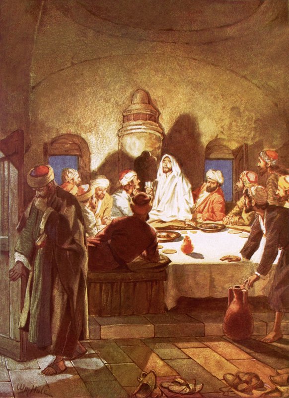 Jézus megtöri a kenyeret és átadja tanítványainak a poharat alkotó: William Brassey Hole