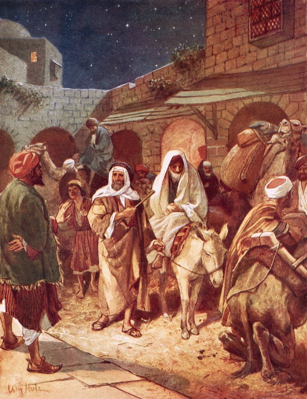József és Mária megérkezik Betlehembe, de úgy találják, hogy nincs hely számukra a fogadóban alkotó: William Brassey Hole