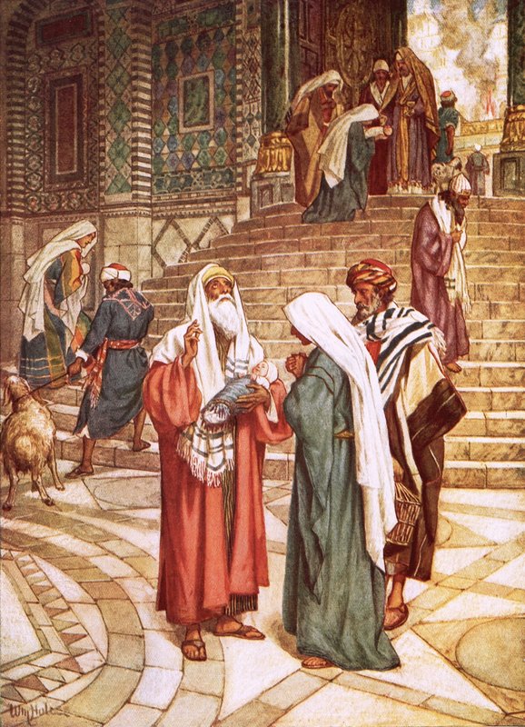 A gyermek Jézust a templomba vitte, és Simeon szabadítónak ismerte fel alkotó: William Brassey Hole