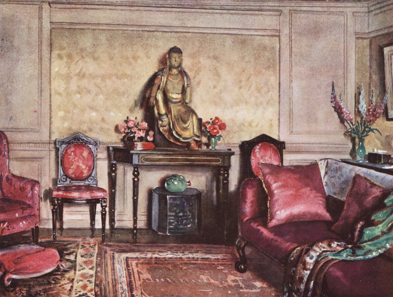Belsőépítészet: A rózsaszín sikeres használatát bemutató berendezési terv (színes litográfia). alkotó: William Bruce Ellis Ranken
