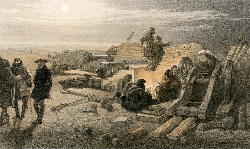 Egy csendes éjszaka a Batteriesben, Greenhill Battery (Chapman őrnagy), 1855. január 29. alkotó: William Crimea Simpson