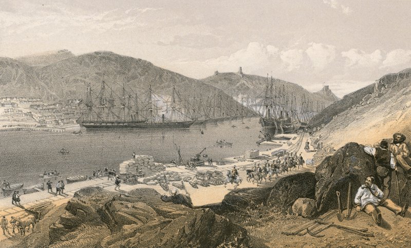 Balaklava, a rakpartok és a hajózás állapota, 1855 májusában alkotó: William Crimea Simpson
