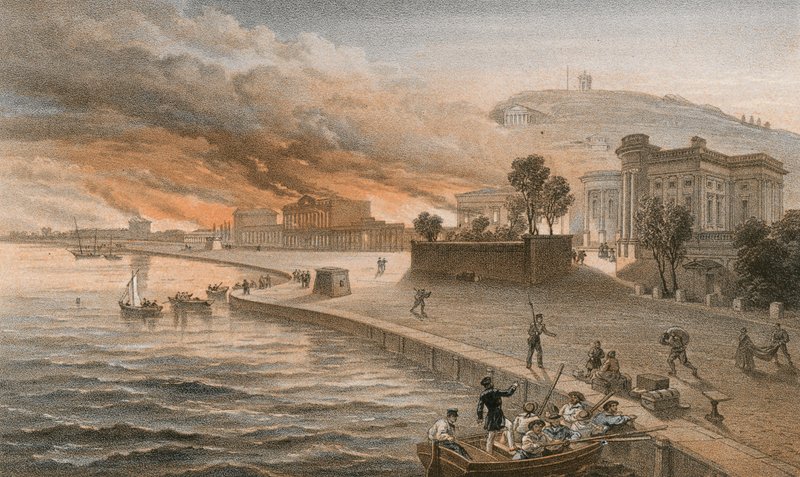 A kormányépületek felgyújtása Kertcsben, 1855. június 9. alkotó: William Crimea Simpson