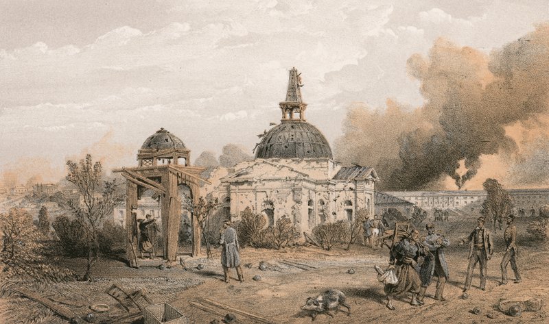 Templom a Redan hátuljában, észak felé néz, a lövés és a lövedék hatásait mutatja alkotó: William Crimea Simpson
