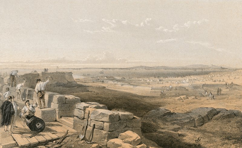 A Yenikale-szoros az öböllel és Kertch városával a régi Yenikale erődből alkotó: William Crimea Simpson