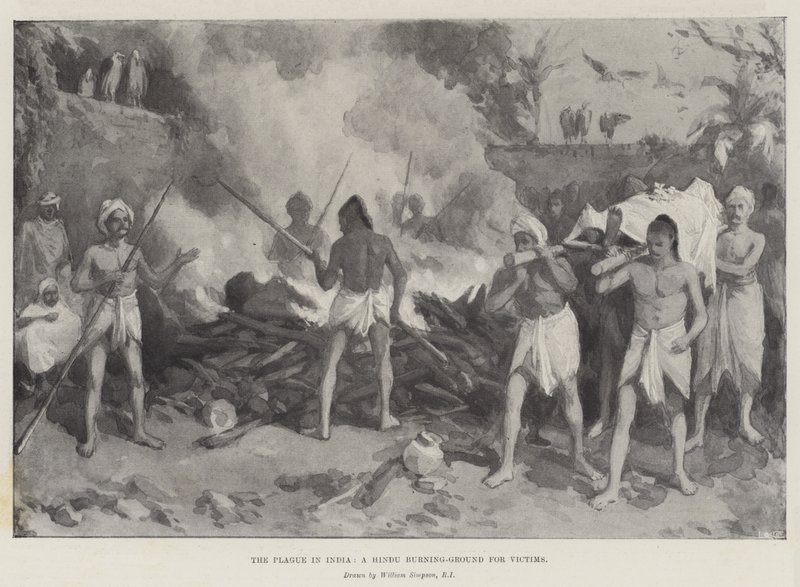A pestis Indiában, az áldozatok hindu égőhelye alkotó: William Crimea Simpson