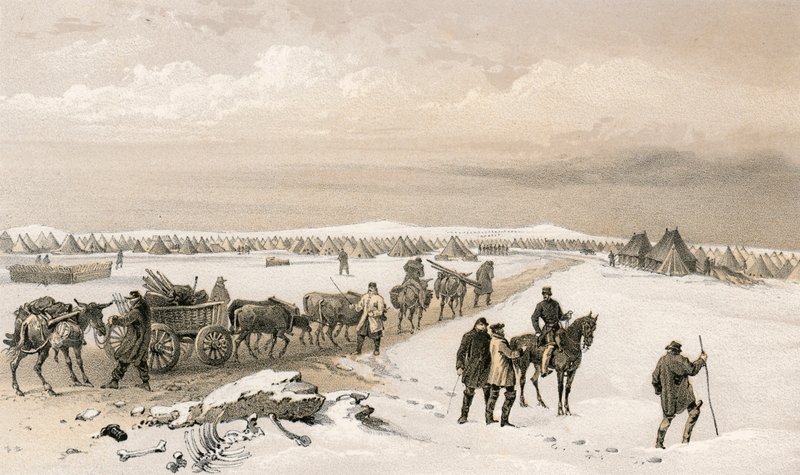 Az 1. hadosztály tábora észak felé tekintve a 2. hadosztály tábora felé, a távolban az Inkermann Heights alkotó: William Crimea Simpson