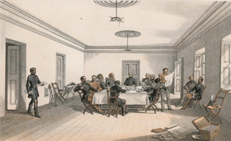 Lord Raglan főhadiszállásának belseje, haditanács alkotó: William Crimea Simpson