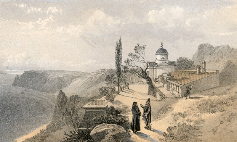 A Szent György-kolostor és a Fiolente-fok nyugat felé néz alkotó: William Crimea Simpson