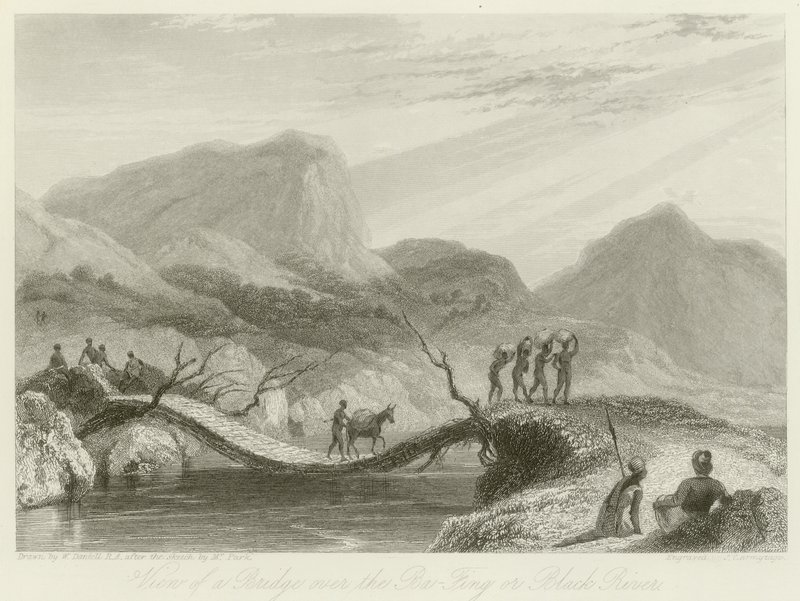 A Ba-Fing felett átívelő híd látványa alkotó: William Daniell