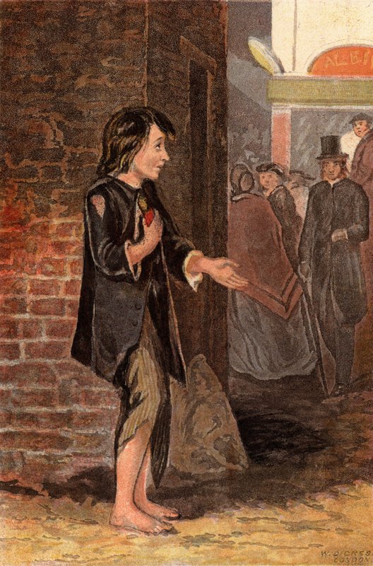 Egy gyerek pénzért könyörög, hogy kenyeret vegyen (chromolitho) alkotó: William Dickes