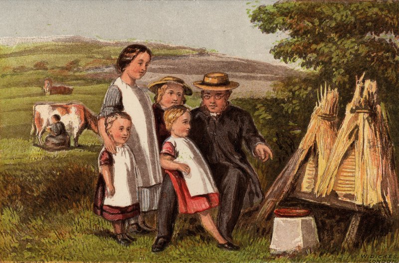 Iparág: család vidéken méhkasokkal (chromolitho) alkotó: William Dickes