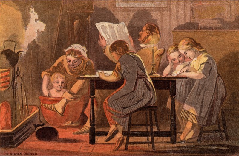 Szombat este: egy család olvas és szórakozik este (chromolitho) alkotó: William Dickes