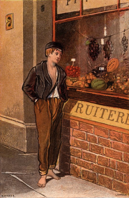 Kísértés: szegény fiatalember trópusi gyümölcsöket néz ki a kirakatba (chromolitho) alkotó: William Dickes