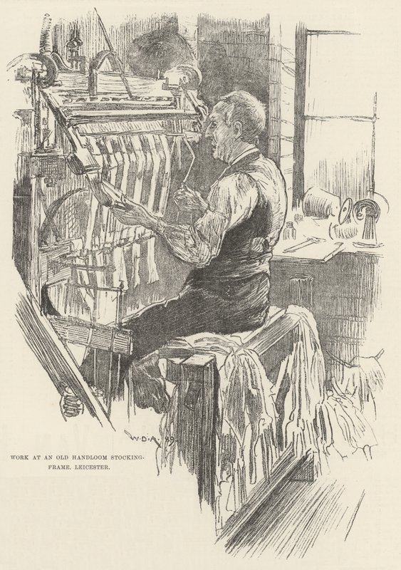 Dolgozzon egy régi kézi szövésű harisnyakeretnél, Leicester alkotó: William Douglas Almond