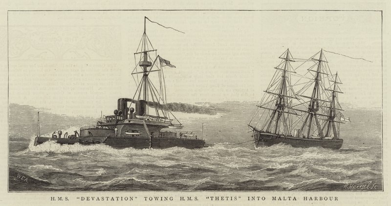 A HMS Devastation a HMS Thetist a máltai kikötőbe vontatta alkotó: William Edward Atkins