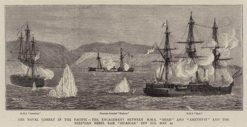 A tengeri harc a Csendes-óceánon, a HMS Shah és az Amethyst, valamint a perui lázadó, Ram Huascar összecsapása Ilonál, május 29. alkotó: William Edward Atkins
