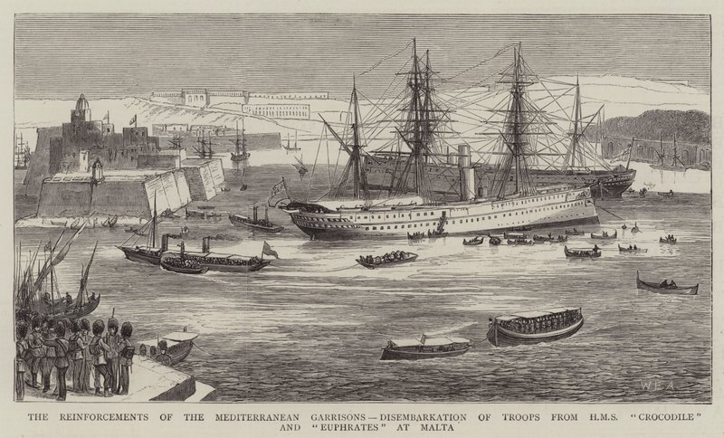 A földközi-tengeri helyőrségek megerősítése, csapatok kiszállása a HMS Crocodile és Euphrates-ból Máltán alkotó: William Edward Atkins