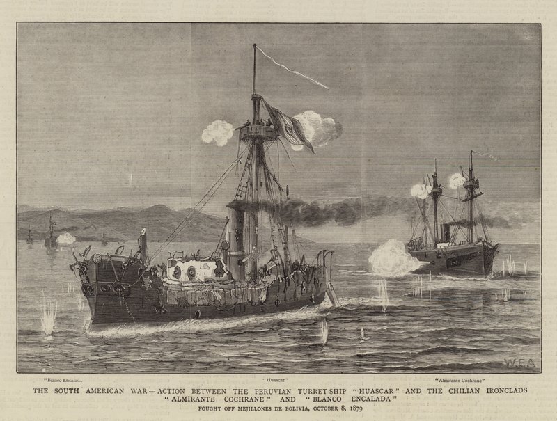 A dél-amerikai háború, akció a Huascar perui toronyhajó és a chilei vaskalaposok között, Almirante Cochrane és Blanco Encalada alkotó: William Edward Atkins