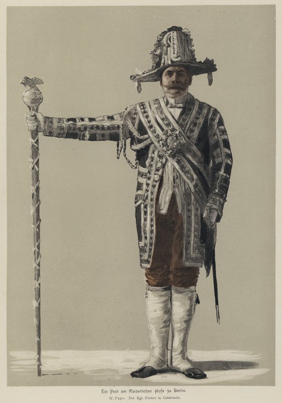Királyi ajtónálló gálajelmezben a berlini német császári udvar lakomáján (színes metszet) alkotó: William Friedrich Georg Pape