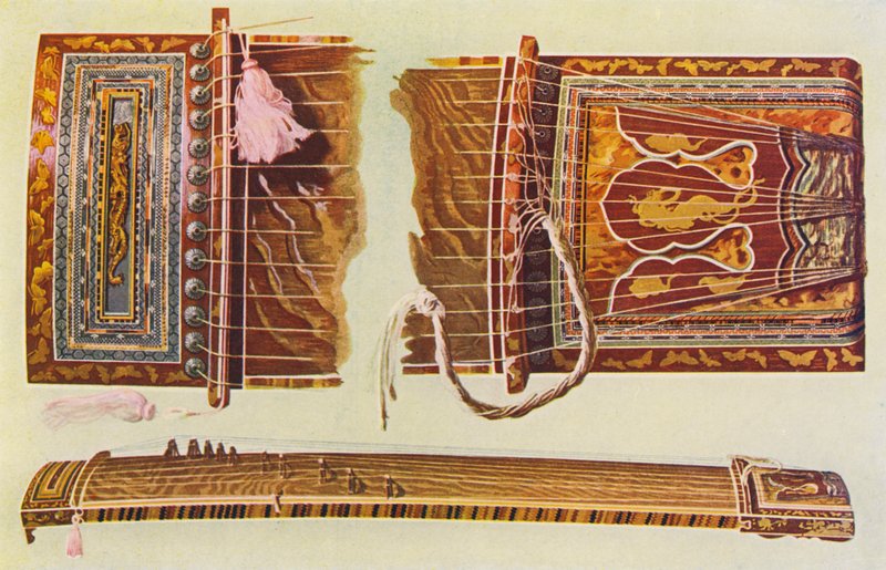 Hangszerek: Japán koto (színes litográfia) alkotó: William Gibb