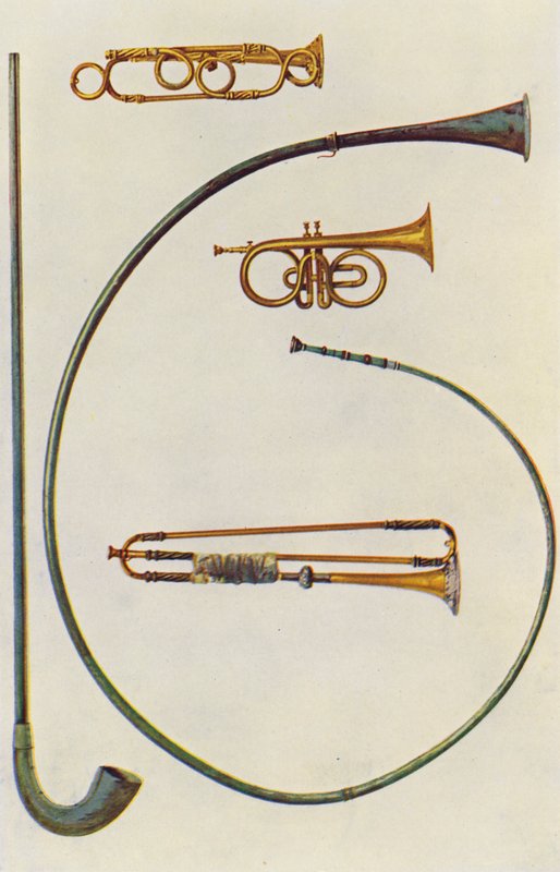 Hangszerek: trombiták (színes litográfia): Lituus és Buccina, kornett, trombiták (színes litográfia) alkotó: William Gibb