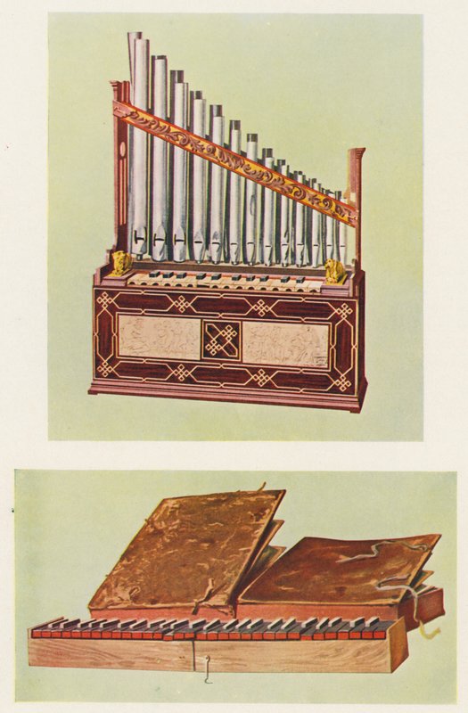 Hangszerek: Hordozható orgona és Biblia királyi (színes litográfia) alkotó: William Gibb