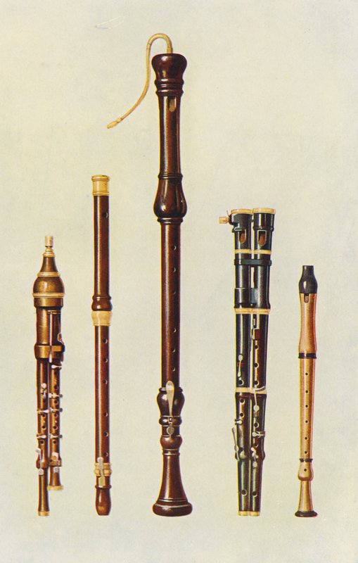 Hangszerek: Két dupla flageoletta, egy német furulya és két flutes douces (színes litográfia). alkotó: William Gibb