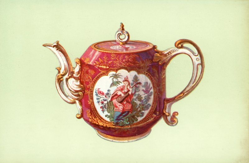 Teáskanna, Chelsea, Claret színű, Watteau figurákkal (színes litó) alkotó: William Gibb