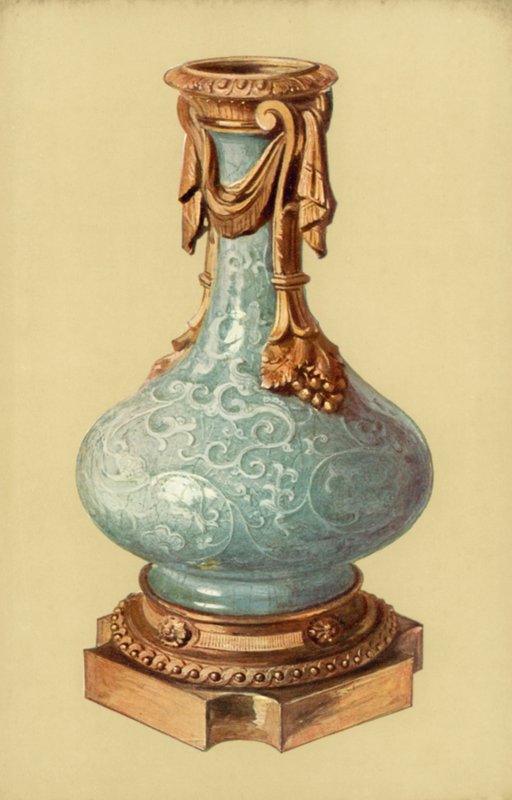 Váza, kínai celadon edény XVI. Lajossal, Ormolu-hegy (színes litó) alkotó: William Gibb