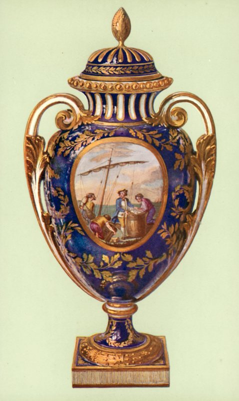 Váza, Sevres, bleu de roi, III. Gustavus adta II. Katalinnak (színes litó) alkotó: William Gibb