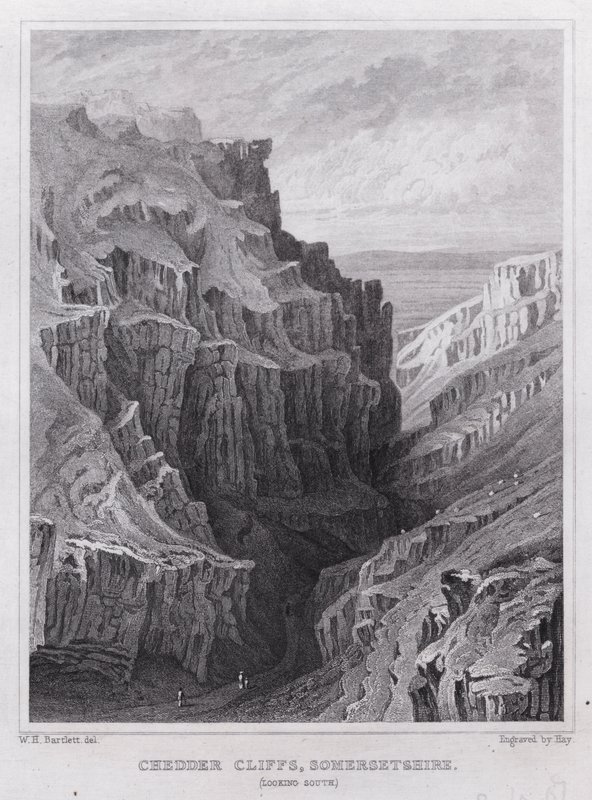 Cheddar Cliffs, Somersetshire, délre néz (metszet) alkotó: William H. Bartlett