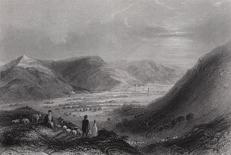 Gerizim-hegy és Nablous völgye, az Ebal-hegyről (metszet) alkotó: William H. Bartlett