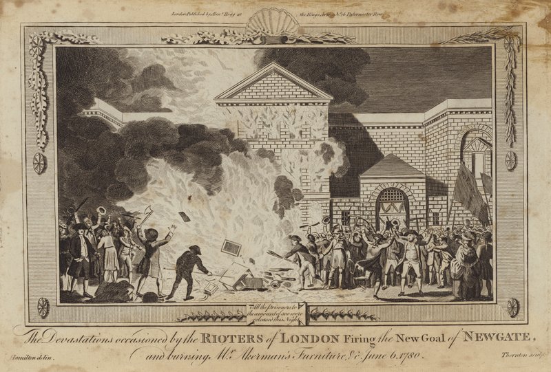 A londoni lázadók által okozott pusztítások, akik a Newgate új börtönét felgyújtották... alkotó: William Hamilton