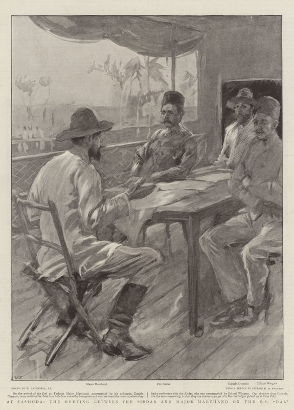 Fashodában, a Sirdar és Marchand őrnagy találkozója az SS Dalon alkotó: William Hatherell