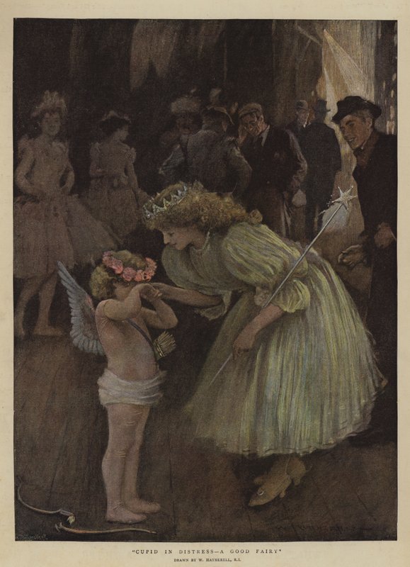 Cupido a bajban, egy jó tündér (chromolitho) alkotó: William Hatherell