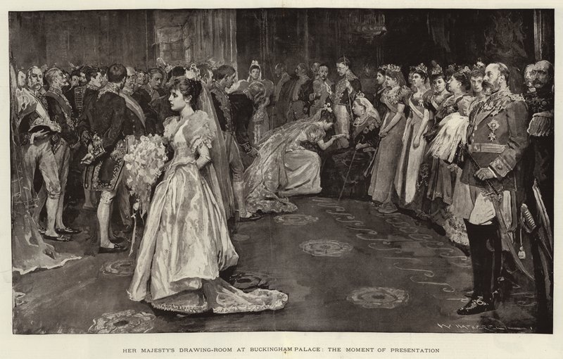 Őfelsége szalonja a Buckingham-palotában, a bemutató pillanata alkotó: William Hatherell