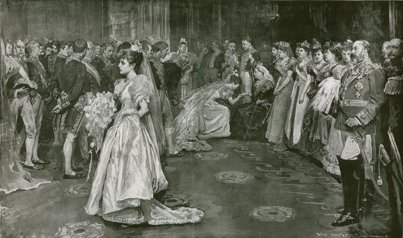 Őfelsége szalonja a Buckingham-palotában, a bemutató pillanata alkotó: William Hatherell