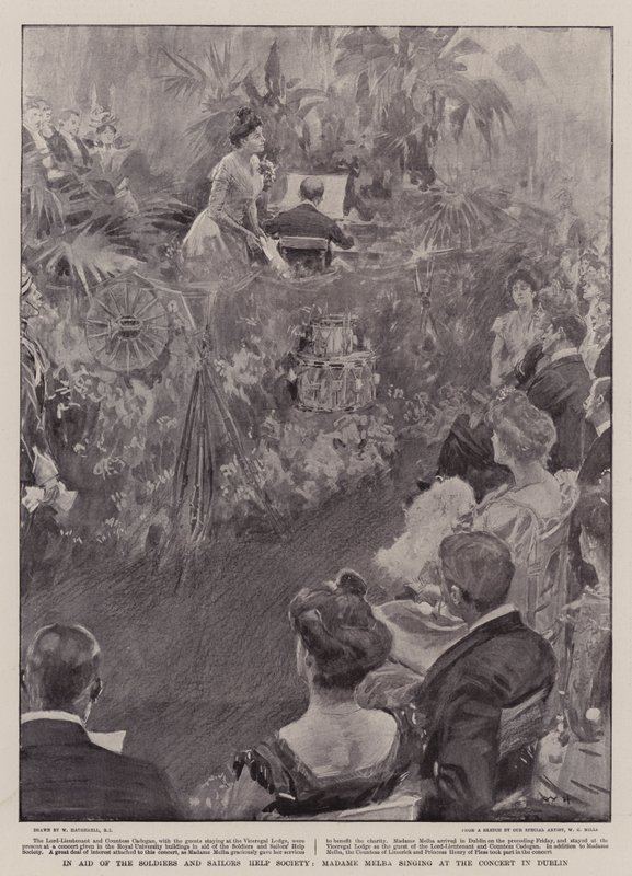 A katonák és a tengerészek segítő társaságának segélyében Madame Melba énekel a dublini koncerten alkotó: William Hatherell
