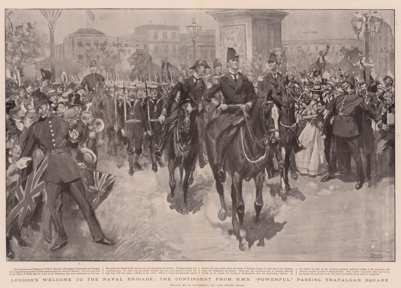 London Üdvözöljük a Haditengerészeti Brigádban, a HMS Erőteljes kontingense a Trafalgar Square mellett alkotó: William Hatherell