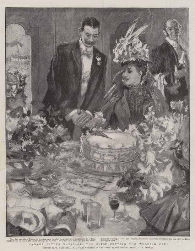 Madame Patti házassága, a menyasszony, aki felvágja az esküvői tortát alkotó: William Hatherell